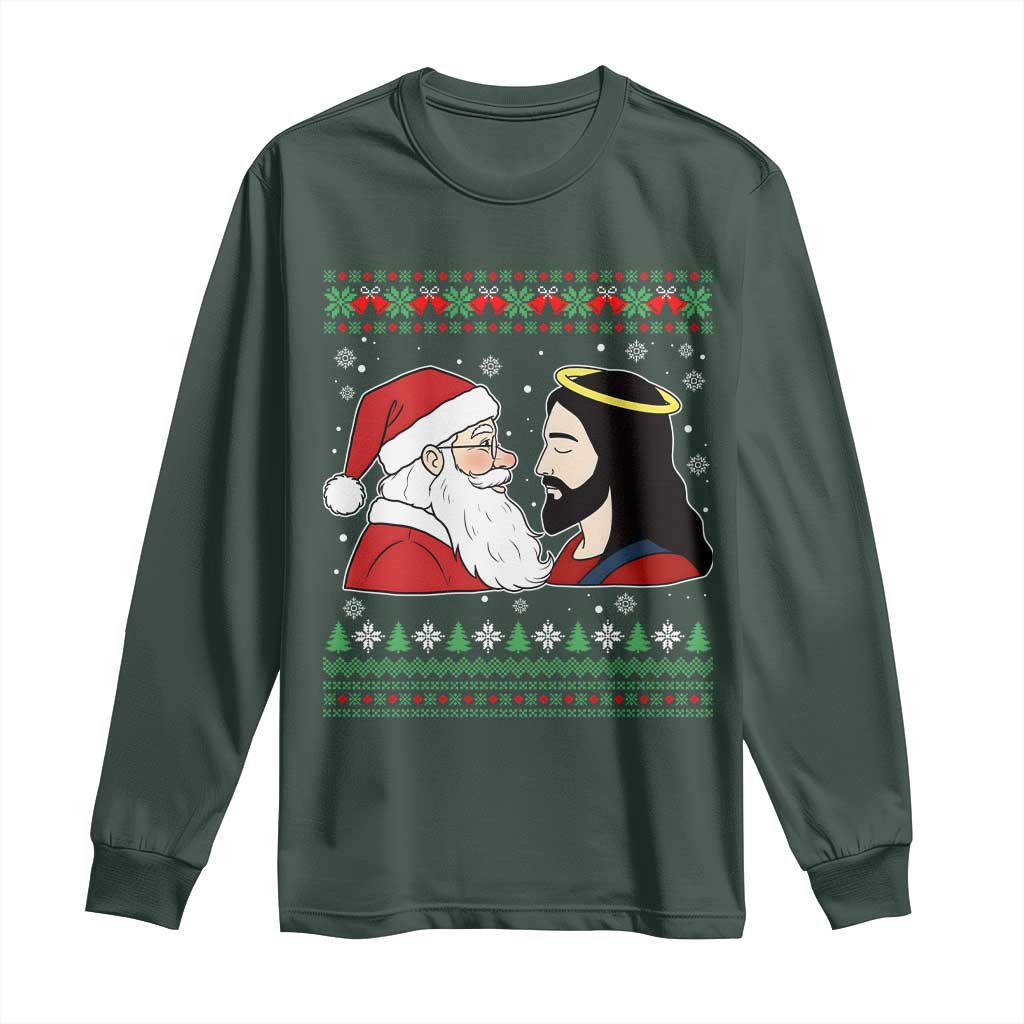 Funny Christmas Santa and Jesus Long Sleeve Shirt Most Wonderful Time Christian Holiday Gag Gift TS02 Dark Forest Green Print Your Wear