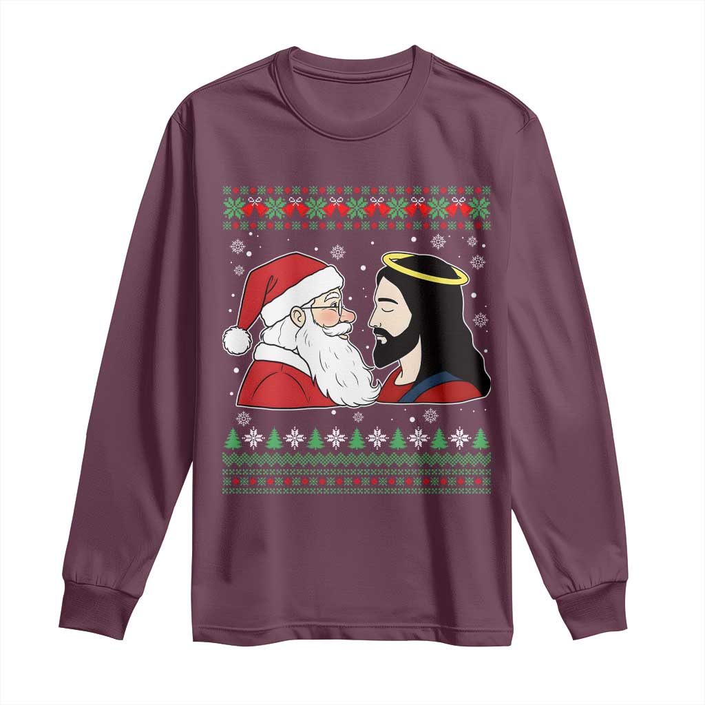 Funny Christmas Santa and Jesus Long Sleeve Shirt Most Wonderful Time Christian Holiday Gag Gift TS02 Maroon Print Your Wear