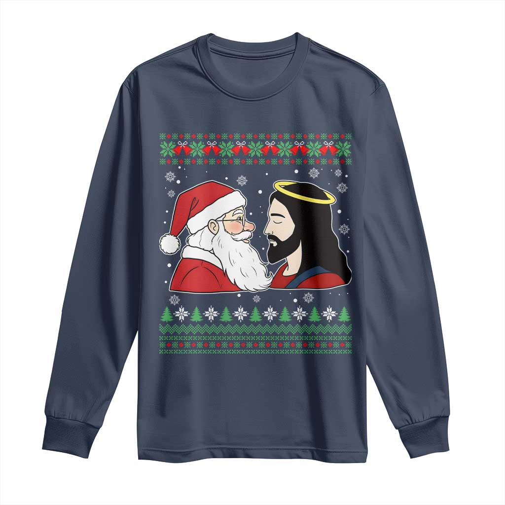 Funny Christmas Santa and Jesus Long Sleeve Shirt Most Wonderful Time Christian Holiday Gag Gift TS02 Navy Print Your Wear