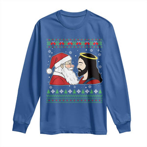 Funny Christmas Santa and Jesus Long Sleeve Shirt Most Wonderful Time Christian Holiday Gag Gift TS02 Royal Blue Print Your Wear