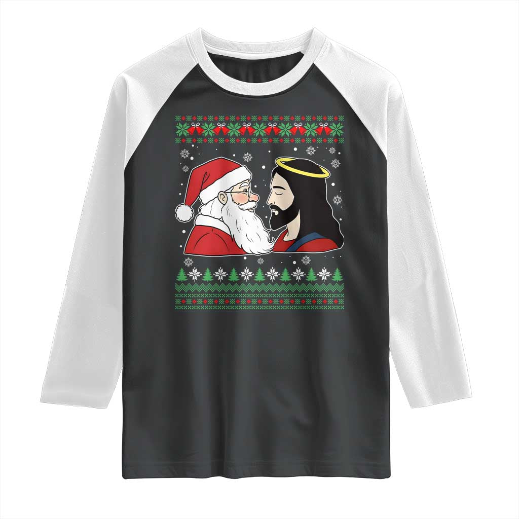 Funny Christmas Santa and Jesus Raglan Shirt Most Wonderful Time Christian Holiday Gag Gift TS02 Black White Print Your Wear