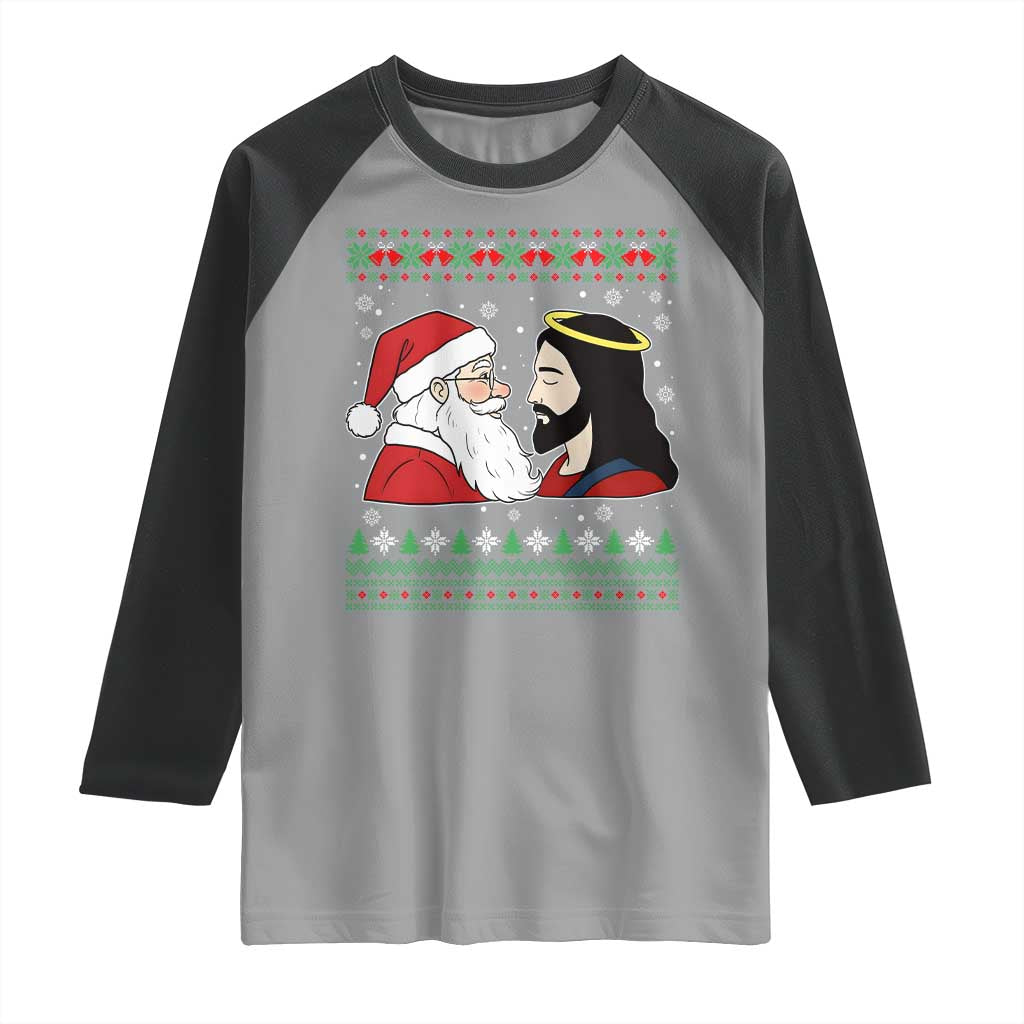 Funny Christmas Santa and Jesus Raglan Shirt Most Wonderful Time Christian Holiday Gag Gift TS02 Sport Gray Black Print Your Wear