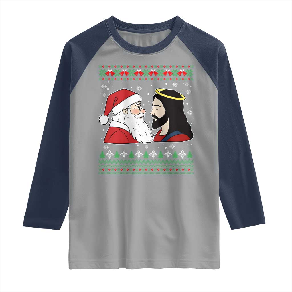 Funny Christmas Santa and Jesus Raglan Shirt Most Wonderful Time Christian Holiday Gag Gift TS02 Sport Gray Navy Print Your Wear