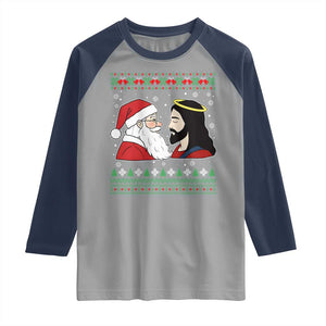 Funny Christmas Santa and Jesus Raglan Shirt Most Wonderful Time Christian Holiday Gag Gift TS02 Sport Gray Navy Print Your Wear