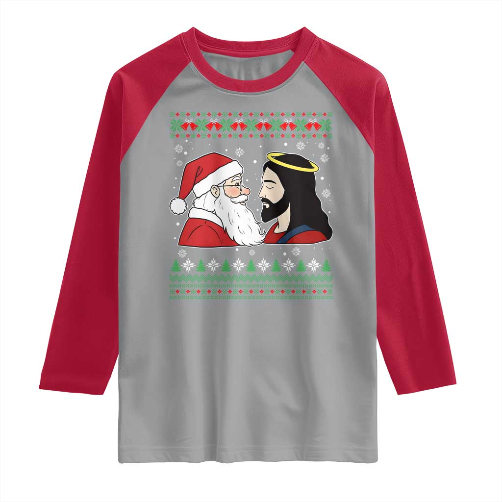 Funny Christmas Santa and Jesus Raglan Shirt Most Wonderful Time Christian Holiday Gag Gift TS02 Sport Gray Red Print Your Wear