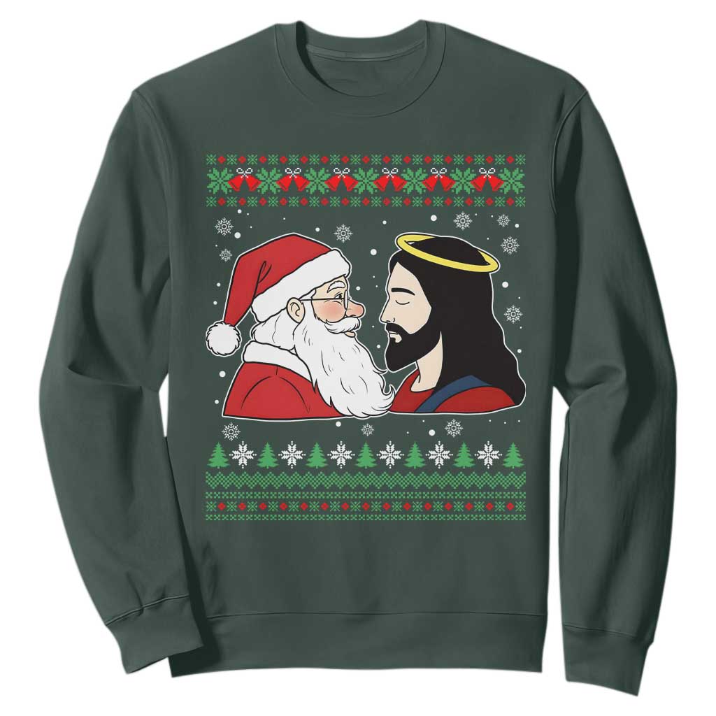 Funny Christmas Santa and Jesus Sweatshirt Most Wonderful Time Christian Holiday Gag Gift TS02 Dark Forest Green Print Your Wear