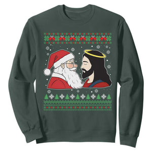 Funny Christmas Santa and Jesus Sweatshirt Most Wonderful Time Christian Holiday Gag Gift TS02 Dark Forest Green Print Your Wear