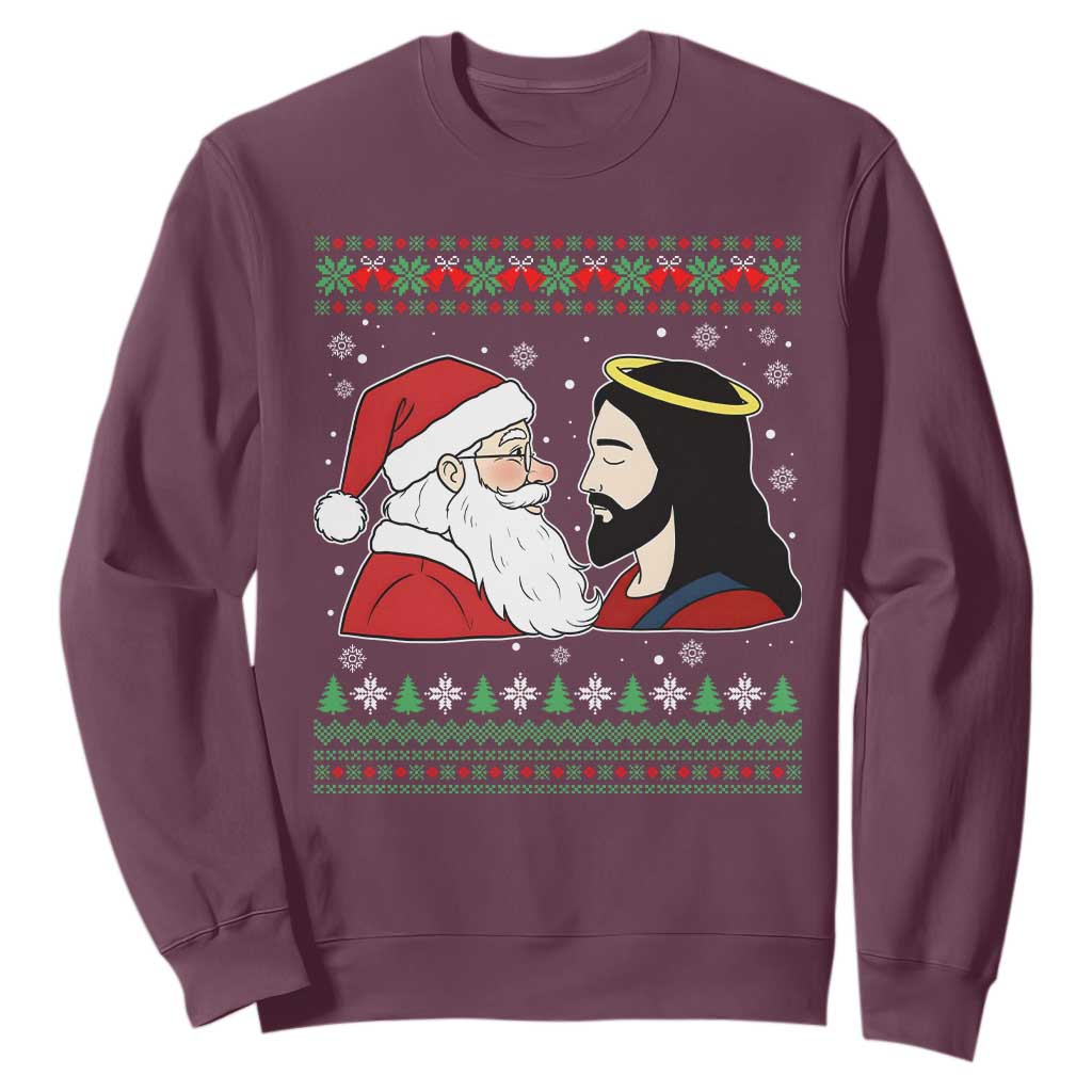 Funny Christmas Santa and Jesus Sweatshirt Most Wonderful Time Christian Holiday Gag Gift TS02 Maroon Print Your Wear