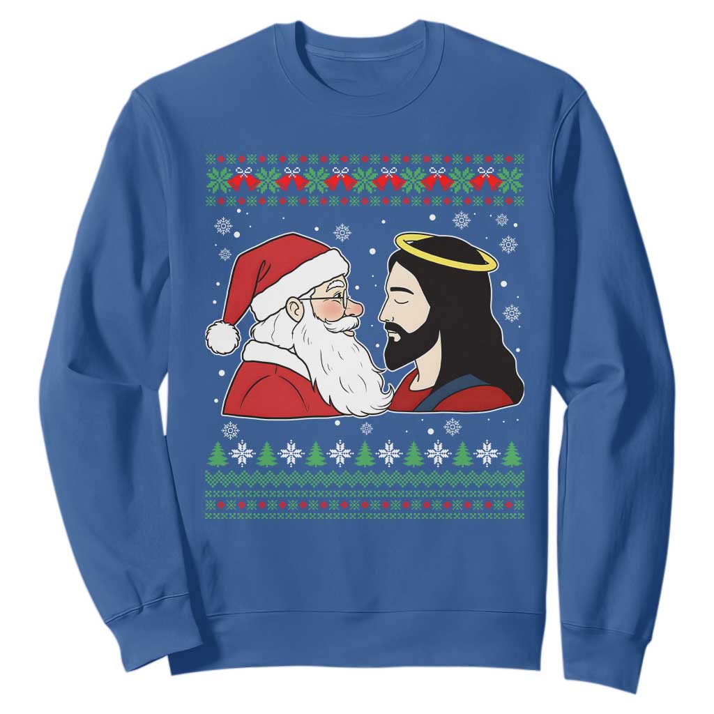 Funny Christmas Santa and Jesus Sweatshirt Most Wonderful Time Christian Holiday Gag Gift TS02 Royal Blue Print Your Wear