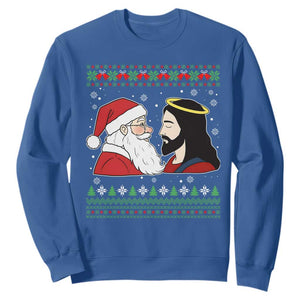 Funny Christmas Santa and Jesus Sweatshirt Most Wonderful Time Christian Holiday Gag Gift TS02 Royal Blue Print Your Wear