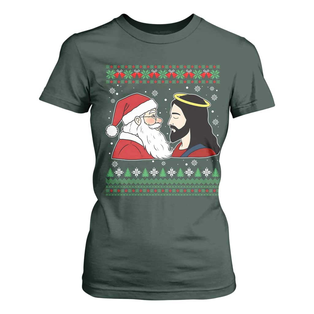 Funny Christmas Santa and Jesus T Shirt For Women Most Wonderful Time Christian Holiday Gag Gift TS02 Dark Forest Green Print Your Wear