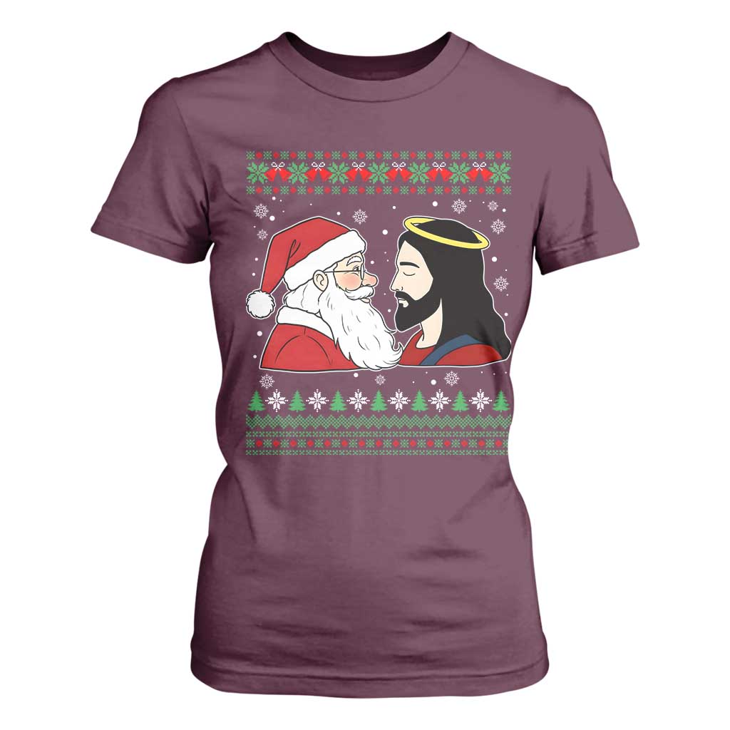 Funny Christmas Santa and Jesus T Shirt For Women Most Wonderful Time Christian Holiday Gag Gift TS02 Maroon Print Your Wear