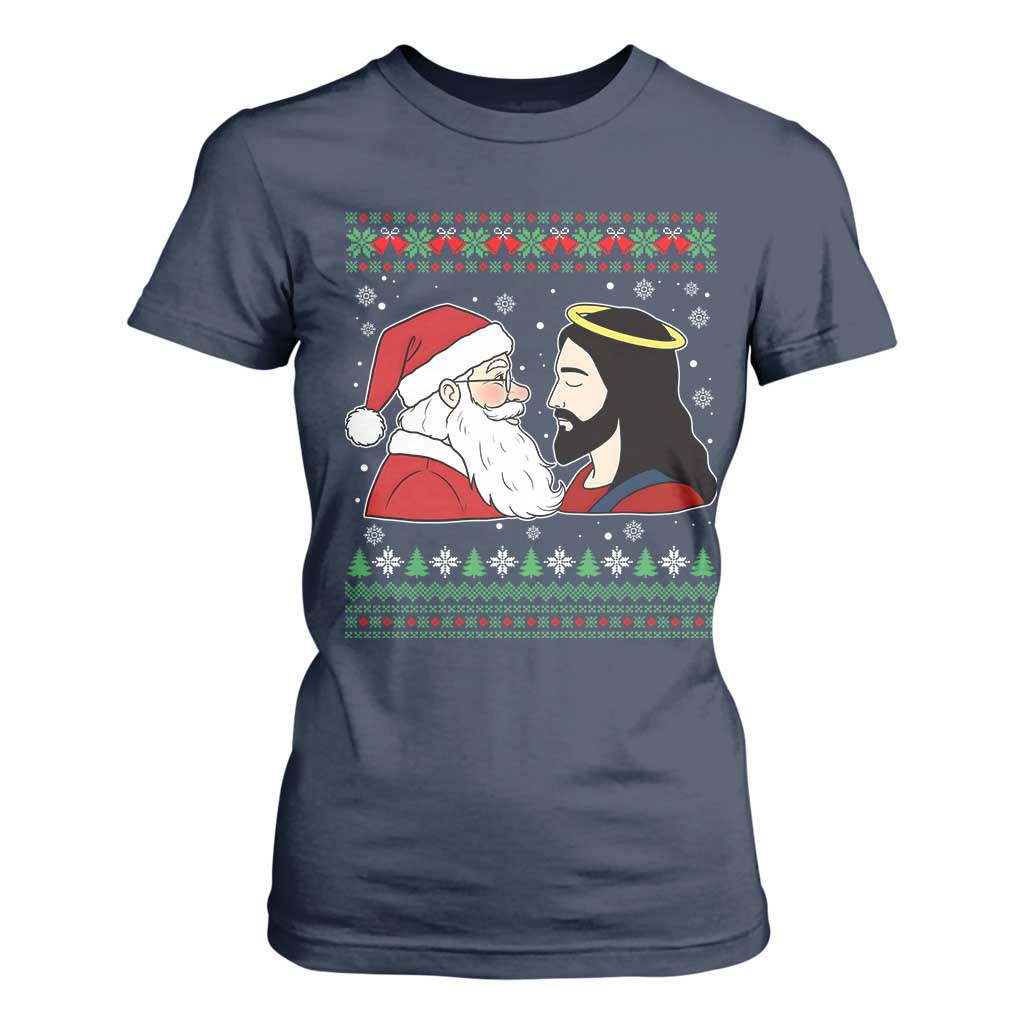 Funny Christmas Santa and Jesus T Shirt For Women Most Wonderful Time Christian Holiday Gag Gift TS02 Navy Print Your Wear