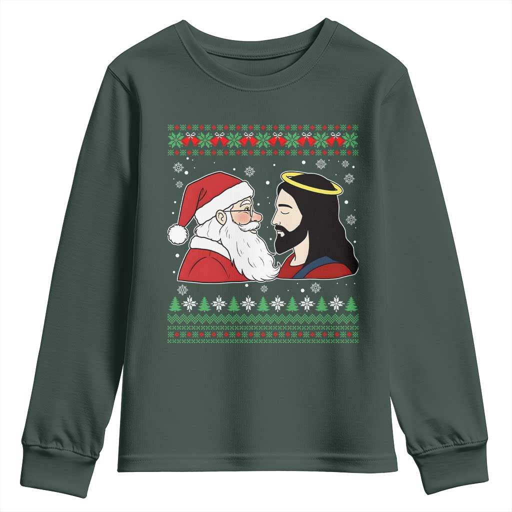 Funny Christmas Santa and Jesus Youth Sweatshirt Most Wonderful Time Christian Holiday Gag Gift TS02 Dark Forest Green Print Your Wear