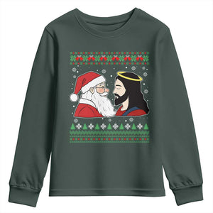 Funny Christmas Santa and Jesus Youth Sweatshirt Most Wonderful Time Christian Holiday Gag Gift TS02 Dark Forest Green Print Your Wear
