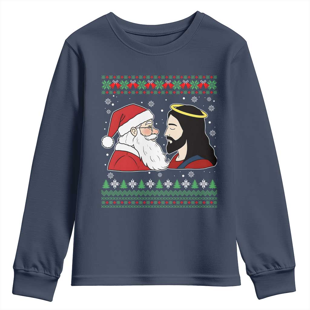 Funny Christmas Santa and Jesus Youth Sweatshirt Most Wonderful Time Christian Holiday Gag Gift TS02 Navy Print Your Wear