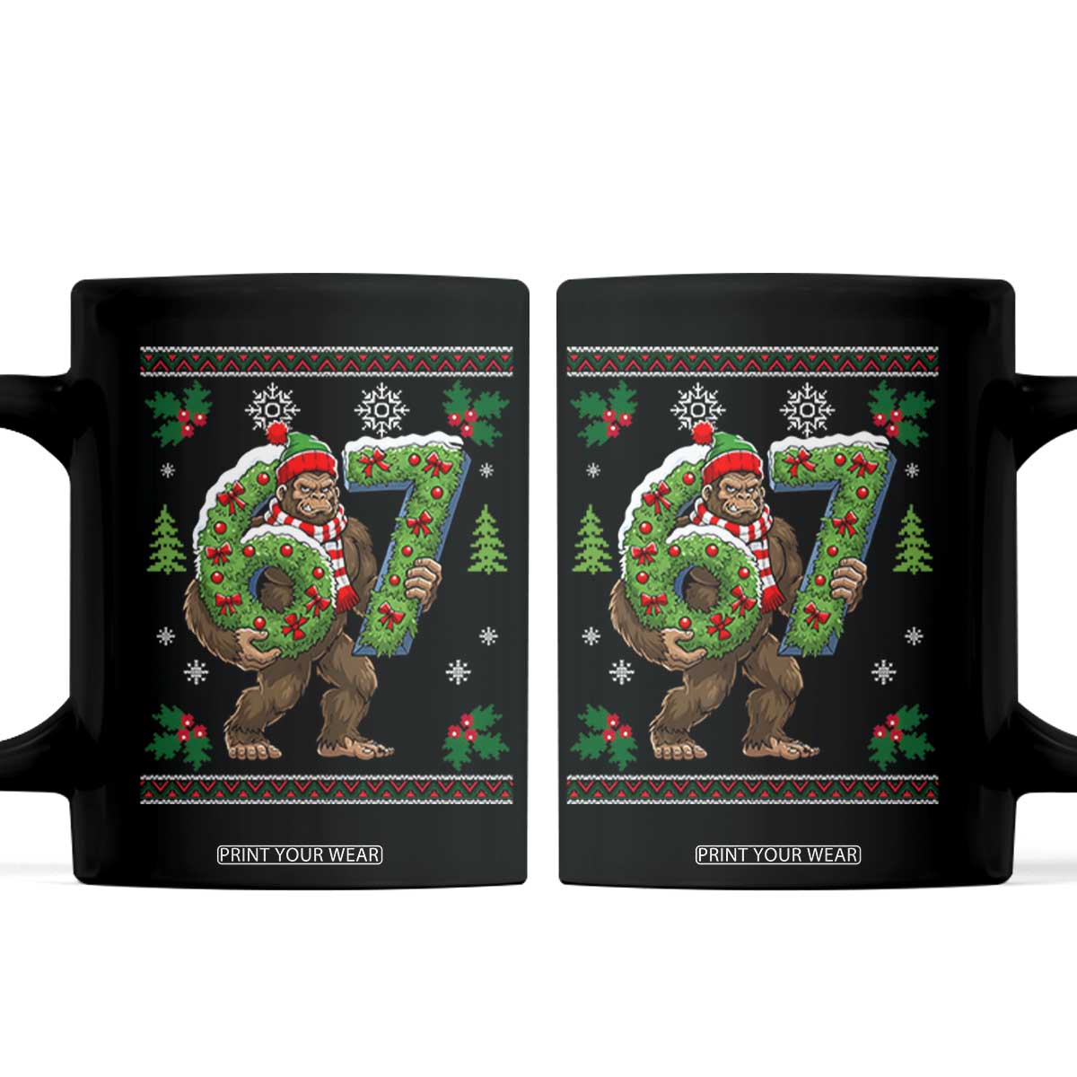 67 Meme Christmas Bigfoot Coffee Mug Funny Six Seven Wreath Sasquatch Holiday Gag Gift TS02 Black Print Your Wear