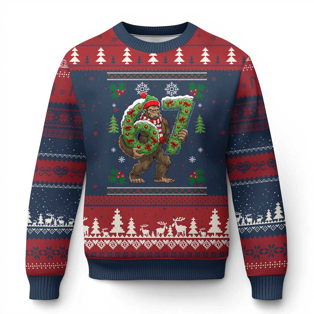 67 Meme Xmas Bigfoot Ugly Christmas Sweater Funny Six Seven Wreath Sasquatch Holiday Gag Gift TS02 Navy Red Print Your Wear