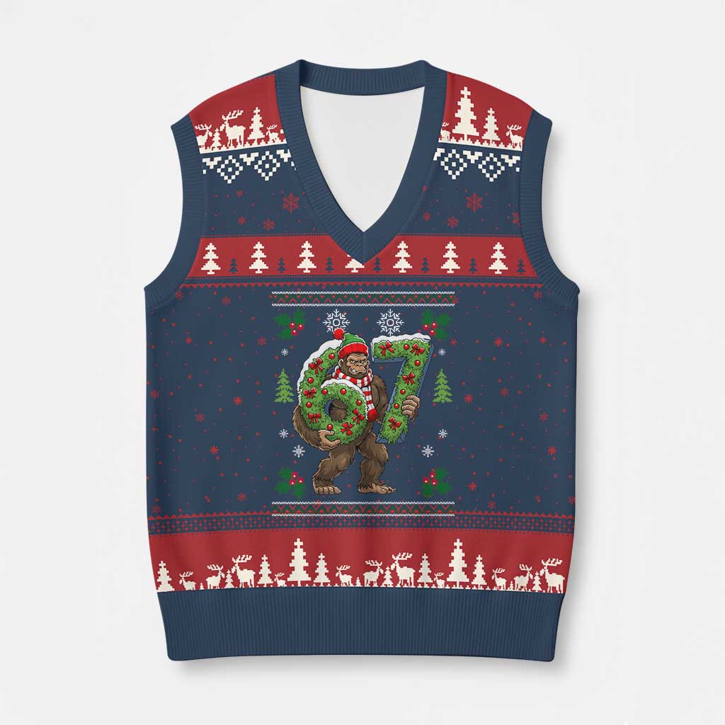 67 Meme Xmas Bigfoot V-Neck Knit Sweater Vest Funny Six Seven Wreath Sasquatch Holiday Gag Gift TS02 Navy Red Print Your Wear