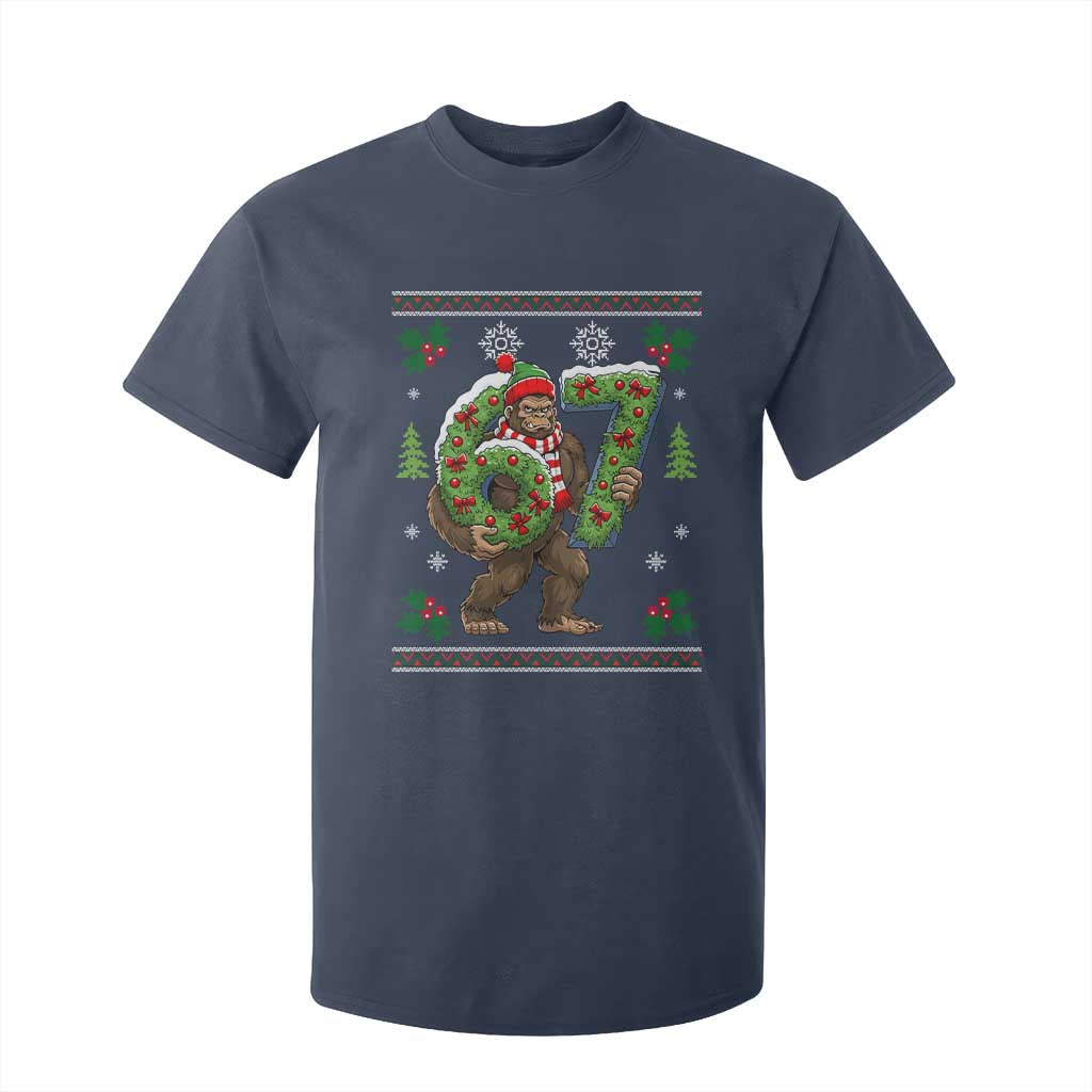 67 Meme Christmas Bigfoot T Shirt For Kid Funny Six Seven Wreath Sasquatch Holiday Gag Gift TS02 Navy Print Your Wear
