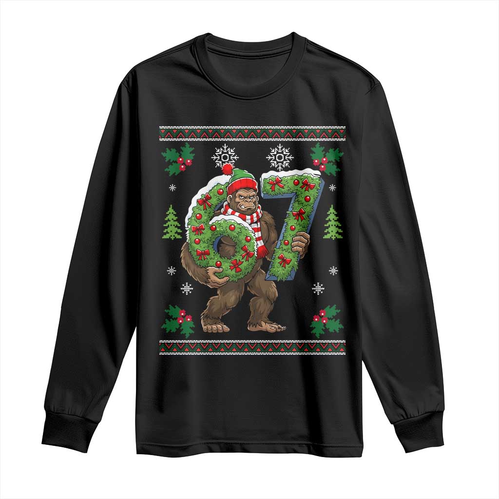 67 Meme Christmas Bigfoot Long Sleeve Shirt Funny Six Seven Wreath Sasquatch Holiday Gag Gift TS02 Black Print Your Wear