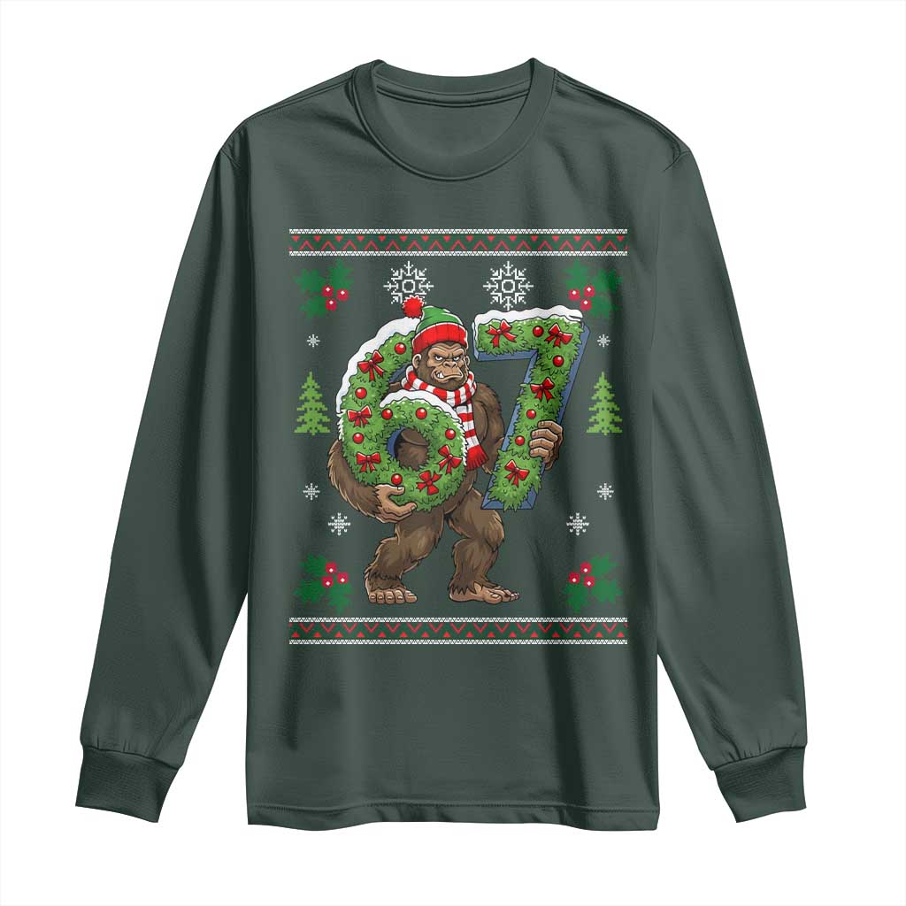 67 Meme Christmas Bigfoot Long Sleeve Shirt Funny Six Seven Wreath Sasquatch Holiday Gag Gift TS02 Dark Forest Green Print Your Wear