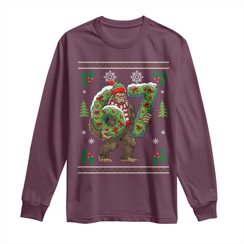 67 Meme Christmas Bigfoot Long Sleeve Shirt Funny Six Seven Wreath Sasquatch Holiday Gag Gift TS02 Maroon Print Your Wear