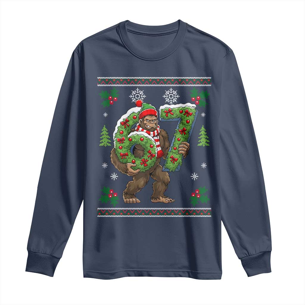 67 Meme Christmas Bigfoot Long Sleeve Shirt Funny Six Seven Wreath Sasquatch Holiday Gag Gift TS02 Navy Print Your Wear