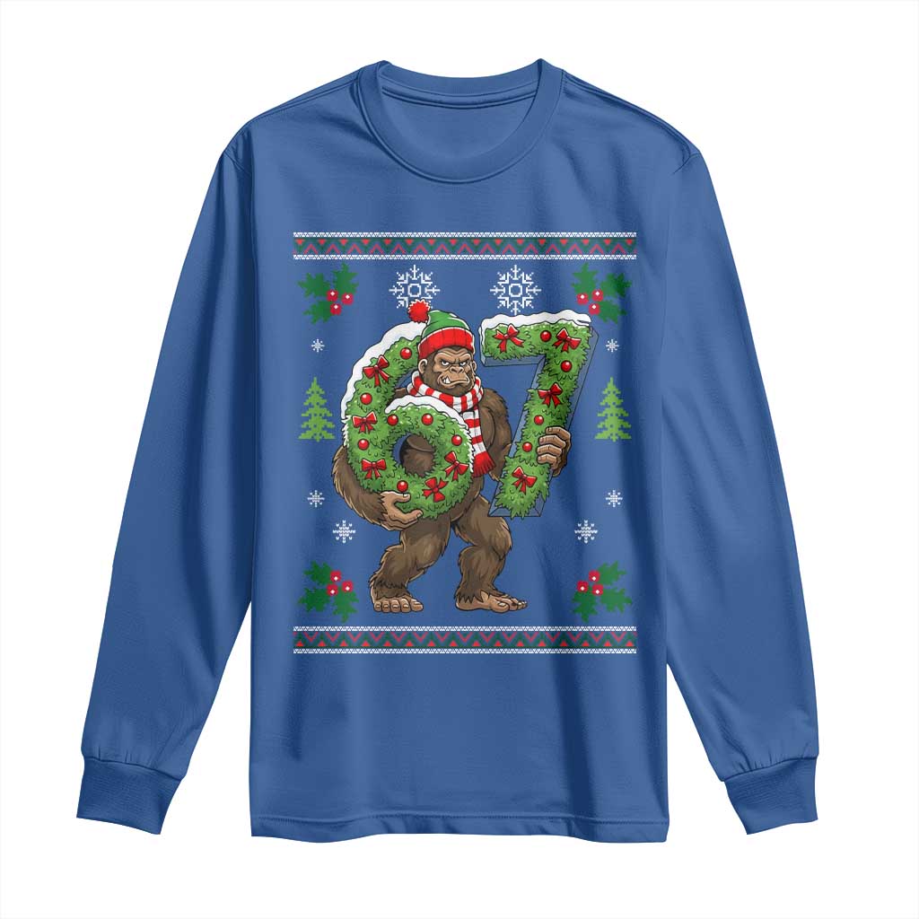 67 Meme Christmas Bigfoot Long Sleeve Shirt Funny Six Seven Wreath Sasquatch Holiday Gag Gift TS02 Royal Blue Print Your Wear
