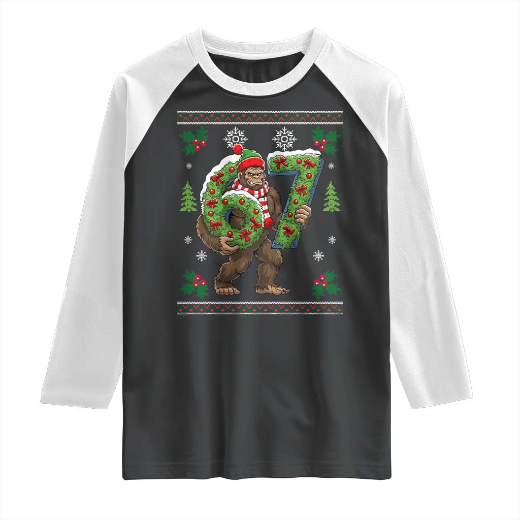 67 Meme Christmas Bigfoot Raglan Shirt Funny Six Seven Wreath Sasquatch Holiday Gag Gift TS02 Black White Print Your Wear