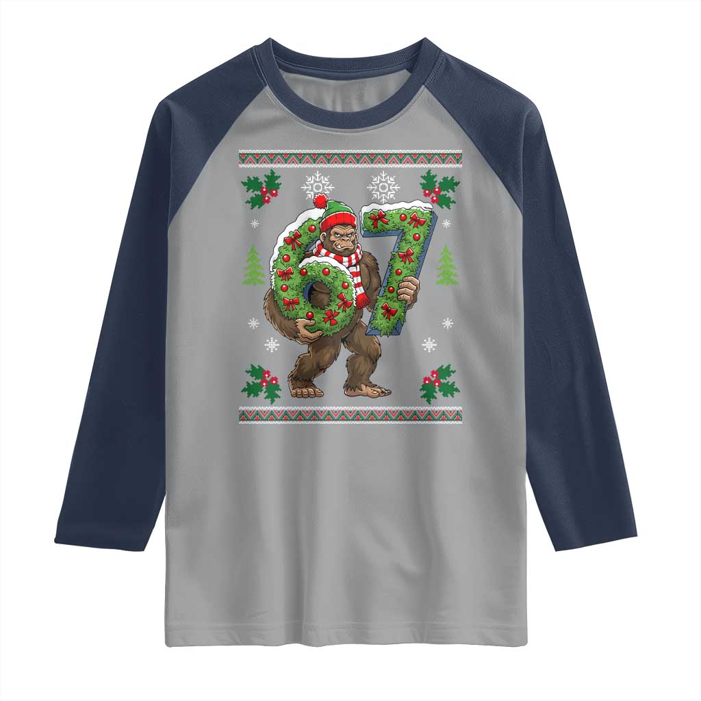 67 Meme Christmas Bigfoot Raglan Shirt Funny Six Seven Wreath Sasquatch Holiday Gag Gift TS02 Sport Gray Navy Print Your Wear