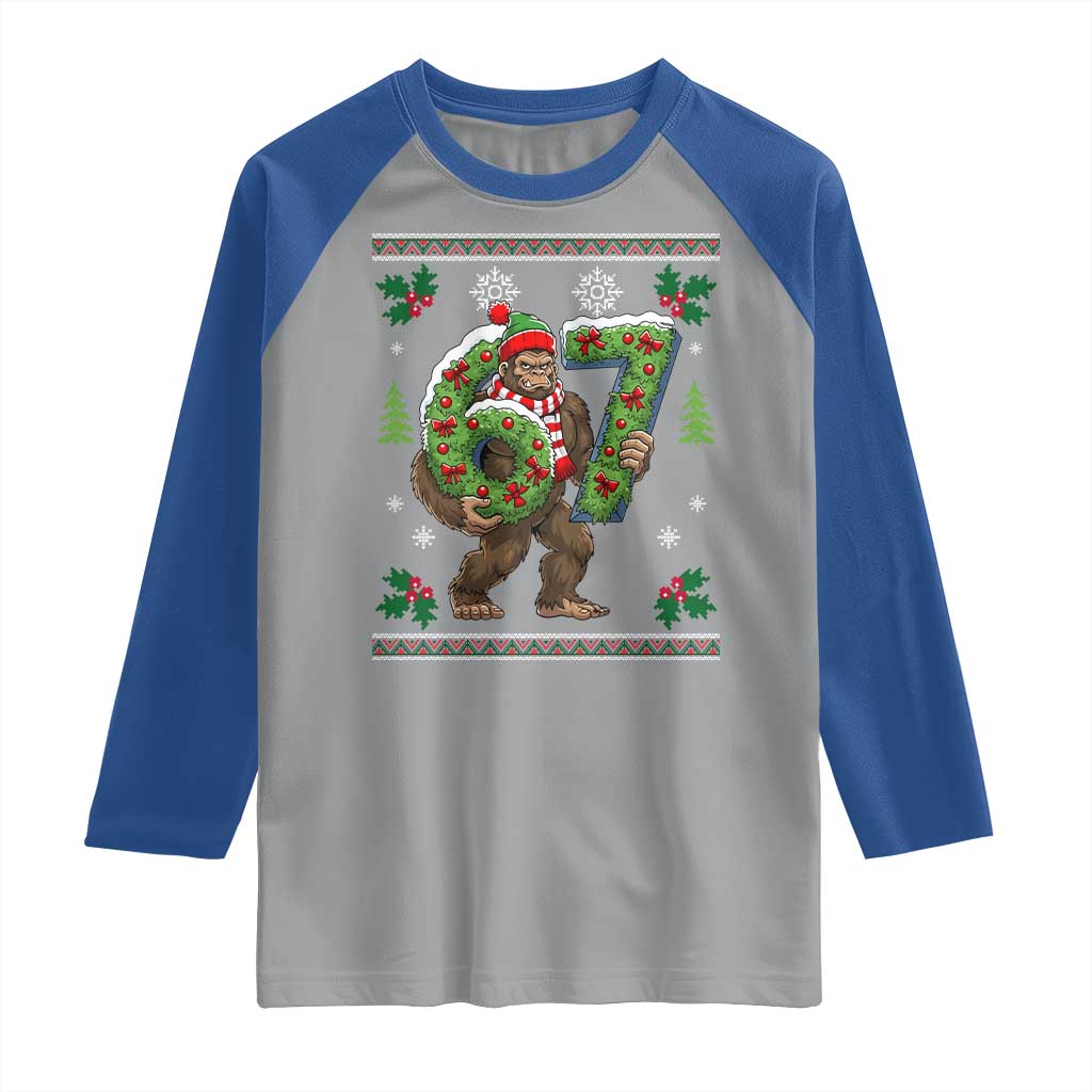 67 Meme Christmas Bigfoot Raglan Shirt Funny Six Seven Wreath Sasquatch Holiday Gag Gift TS02 Sport Gray Royal Print Your Wear