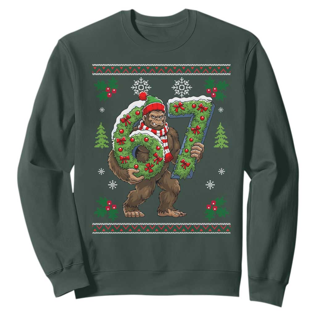 67 Meme Christmas Bigfoot Sweatshirt Funny Six Seven Wreath Sasquatch Holiday Gag Gift TS02 Dark Forest Green Print Your Wear