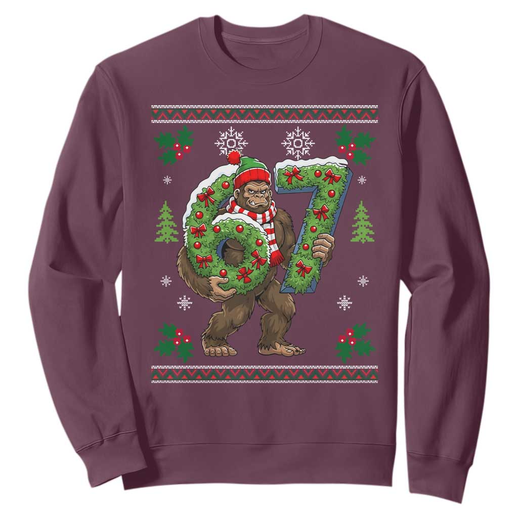 67 Meme Christmas Bigfoot Sweatshirt Funny Six Seven Wreath Sasquatch Holiday Gag Gift TS02 Maroon Print Your Wear