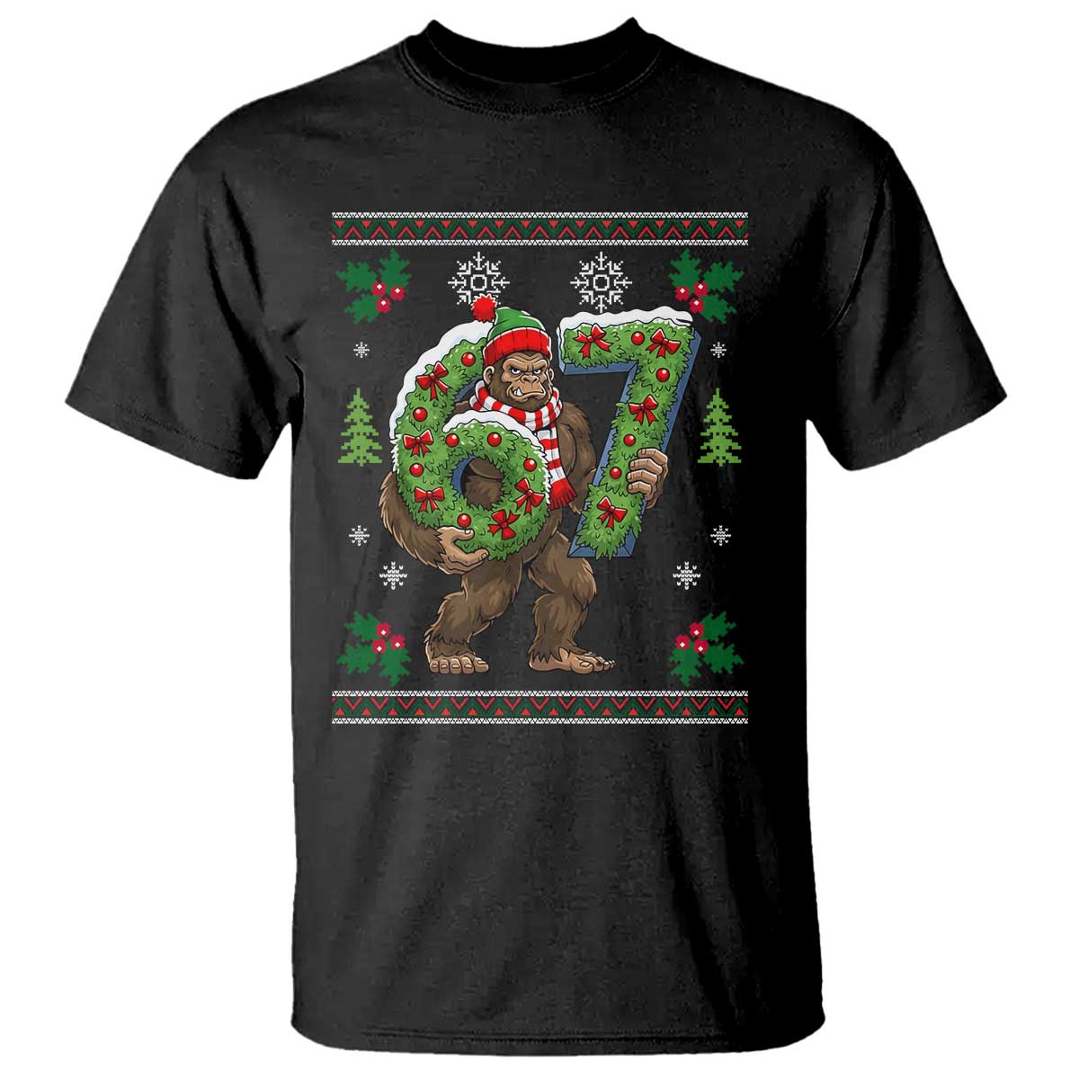 67 Meme Christmas Bigfoot T Shirt Funny Six Seven Wreath Sasquatch Holiday Gag Gift TS02 Black Print Your Wear