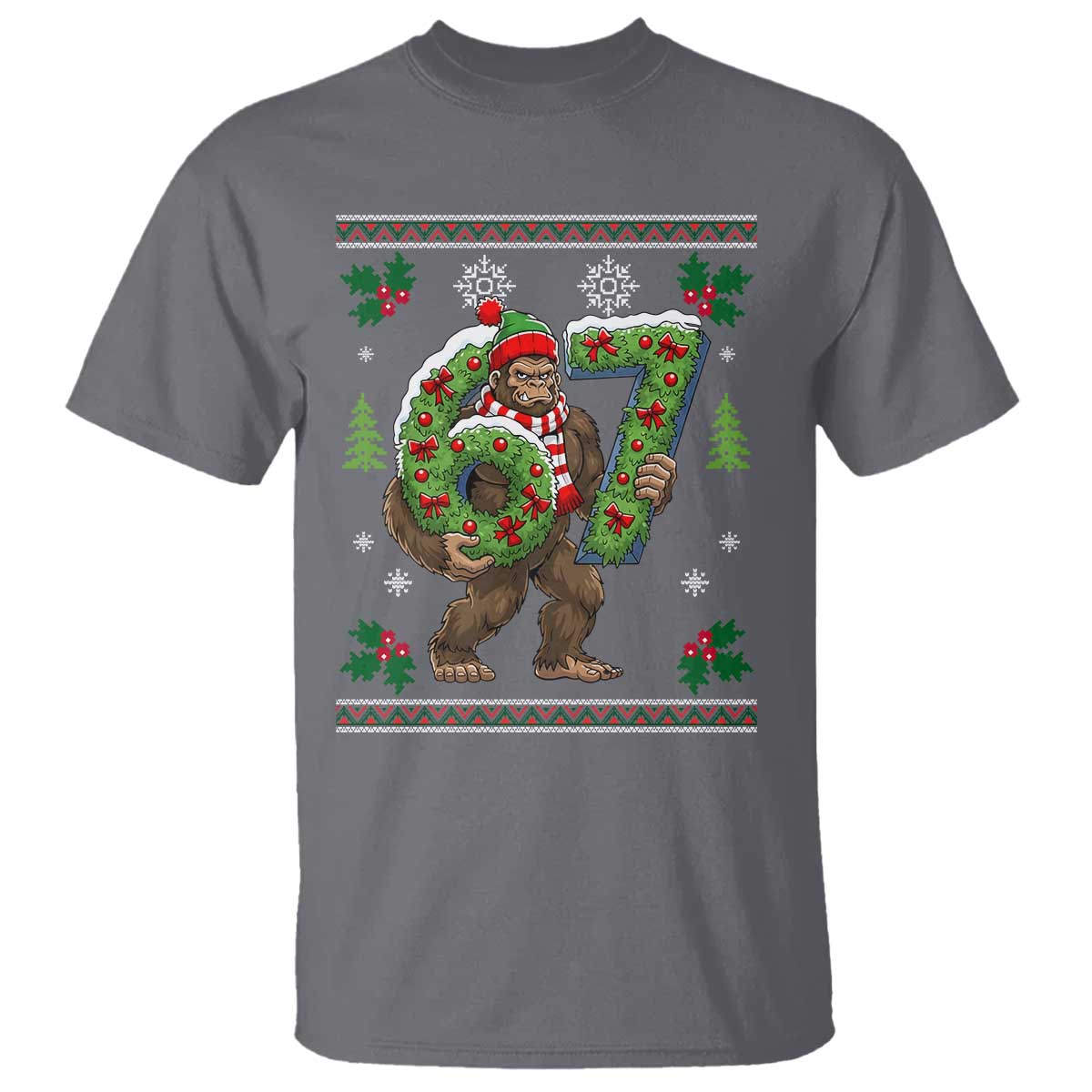 67 Meme Christmas Bigfoot T Shirt Funny Six Seven Wreath Sasquatch Holiday Gag Gift TS02 Charcoal Print Your Wear