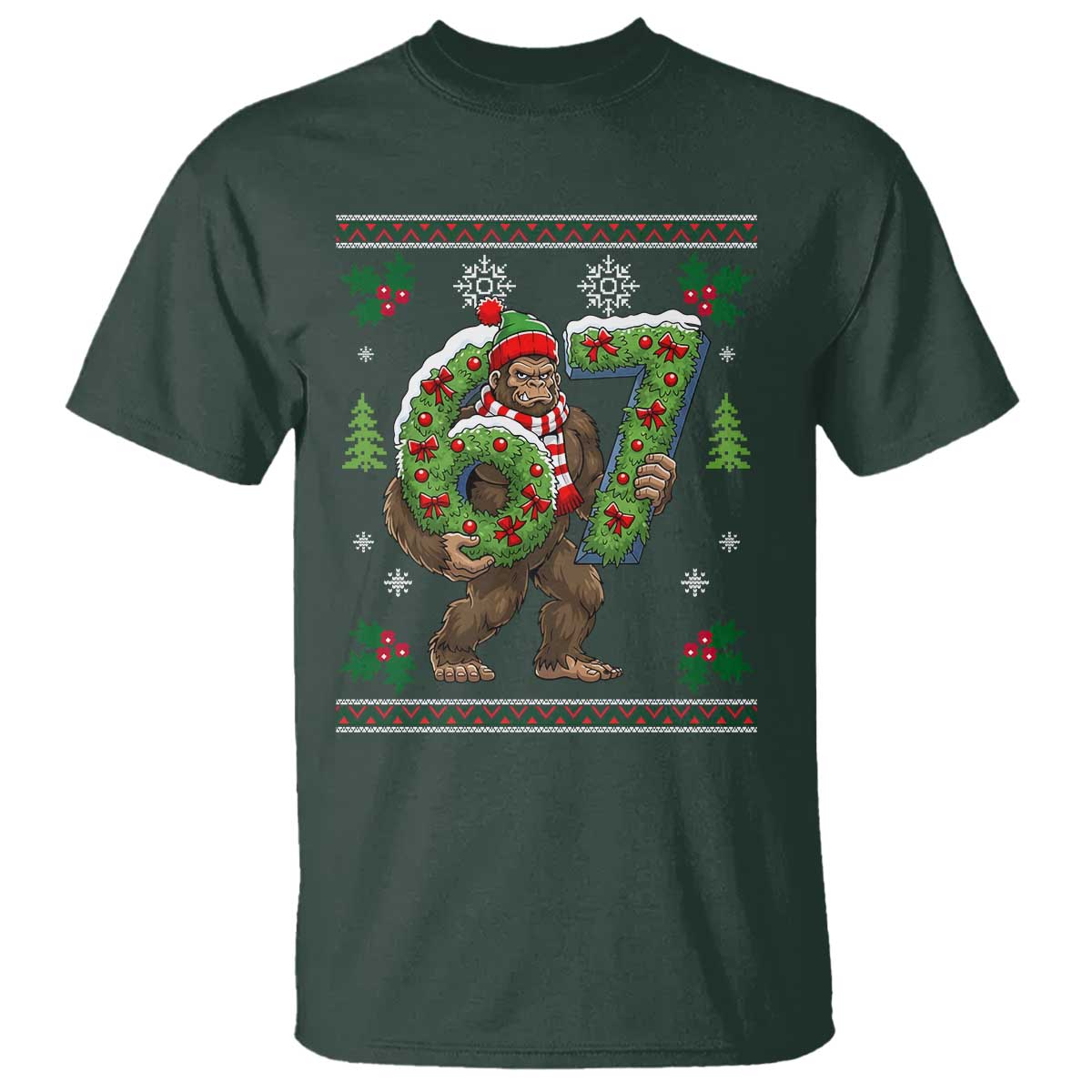 67 Meme Christmas Bigfoot T Shirt Funny Six Seven Wreath Sasquatch Holiday Gag Gift TS02 Dark Forest Green Print Your Wear