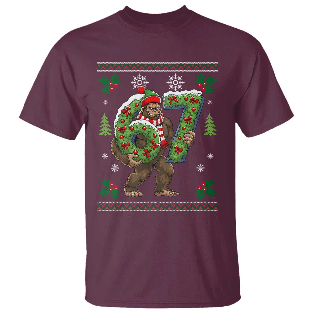 67 Meme Christmas Bigfoot T Shirt Funny Six Seven Wreath Sasquatch Holiday Gag Gift TS02 Maroon Print Your Wear