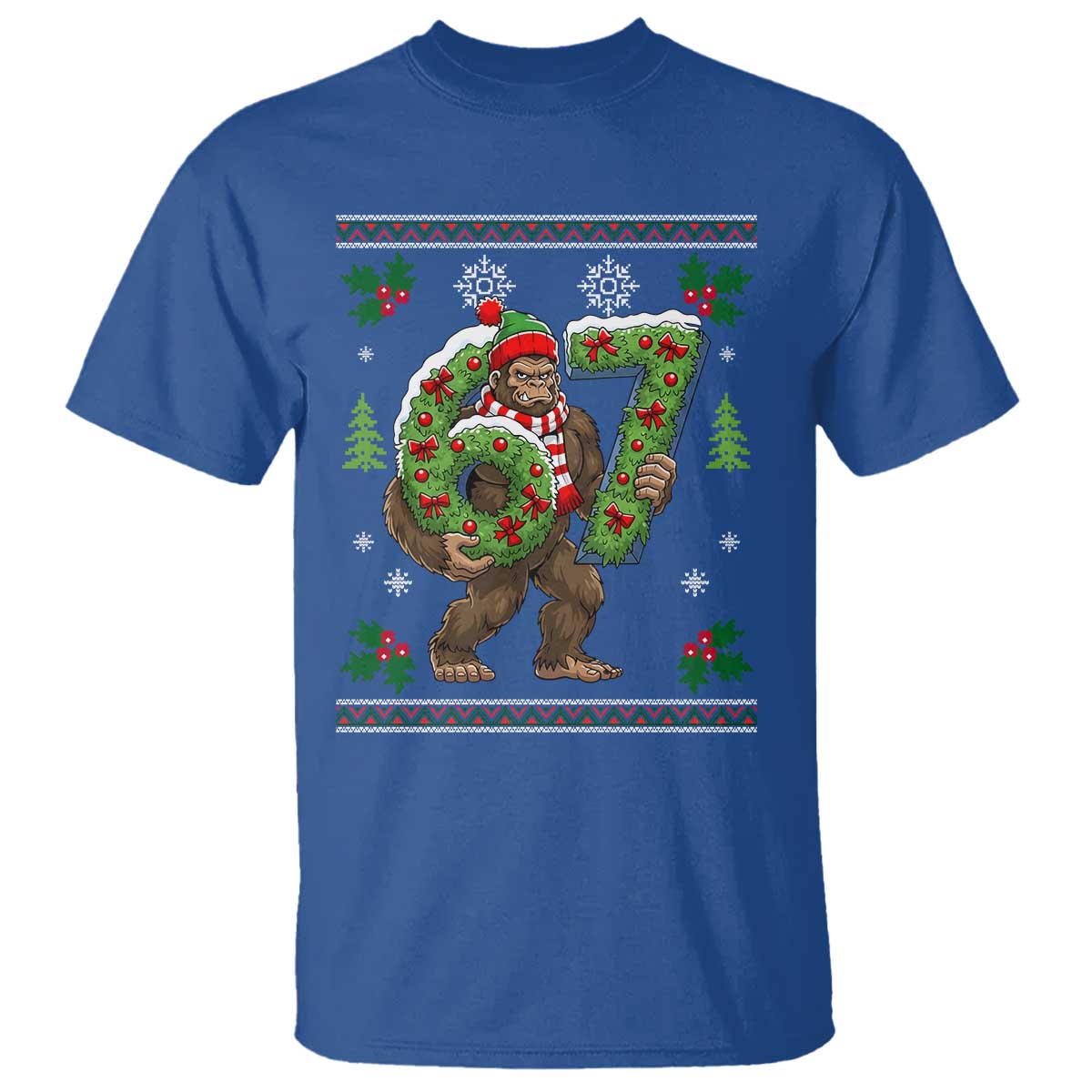 67 Meme Christmas Bigfoot T Shirt Funny Six Seven Wreath Sasquatch Holiday Gag Gift TS02 Royal Blue Print Your Wear