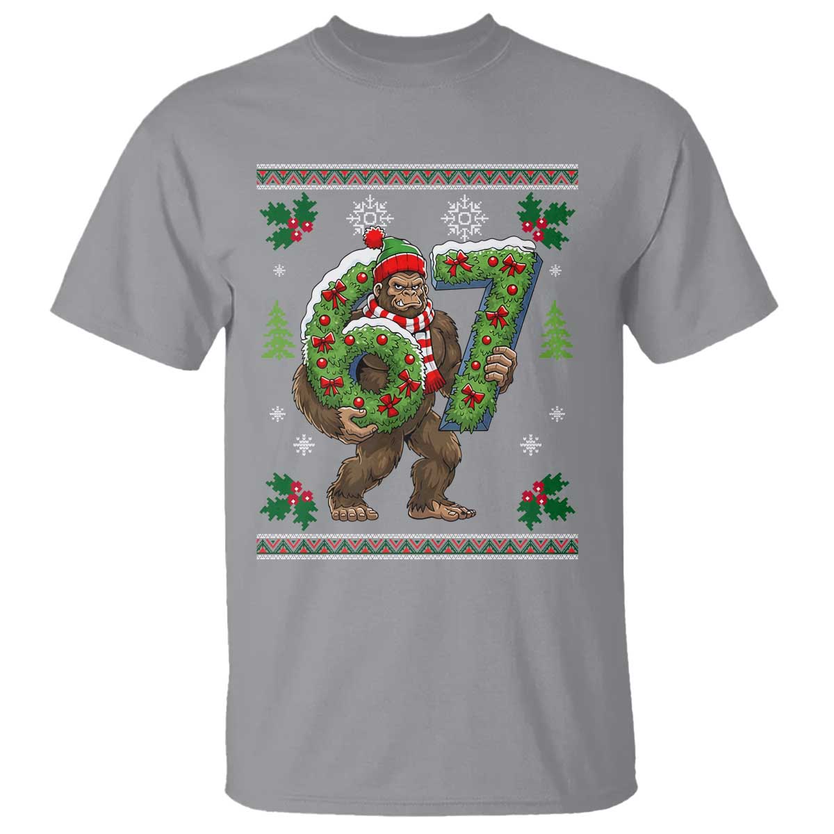 67 Meme Christmas Bigfoot T Shirt Funny Six Seven Wreath Sasquatch Holiday Gag Gift TS02 Sport Gray Print Your Wear