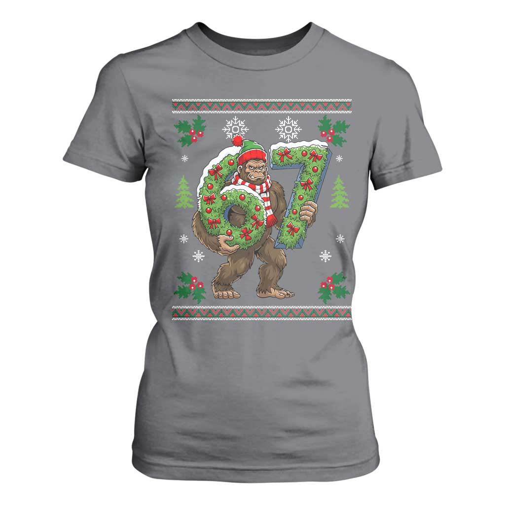 67 Meme Christmas Bigfoot T Shirt For Women Funny Six Seven Wreath Sasquatch Holiday Gag Gift TS02 Charcoal Print Your Wear