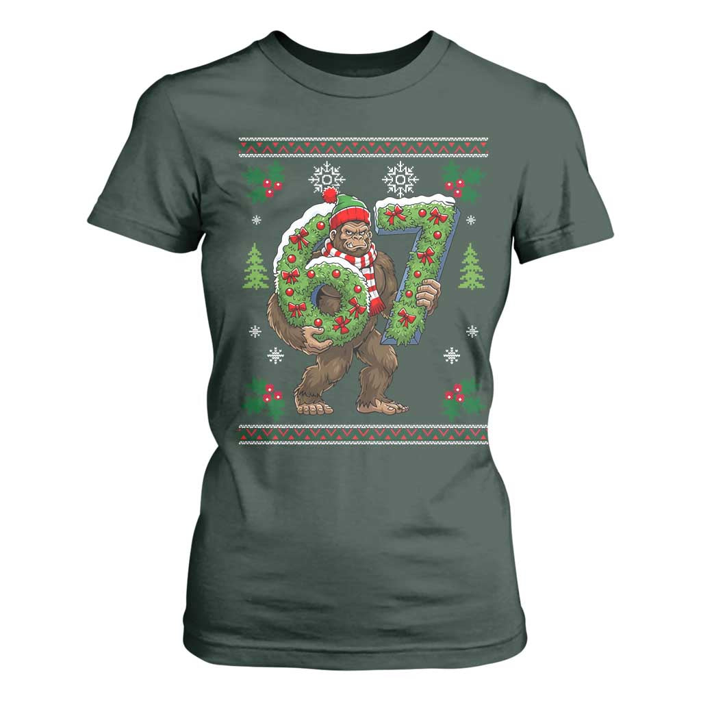 67 Meme Christmas Bigfoot T Shirt For Women Funny Six Seven Wreath Sasquatch Holiday Gag Gift TS02 Dark Forest Green Print Your Wear