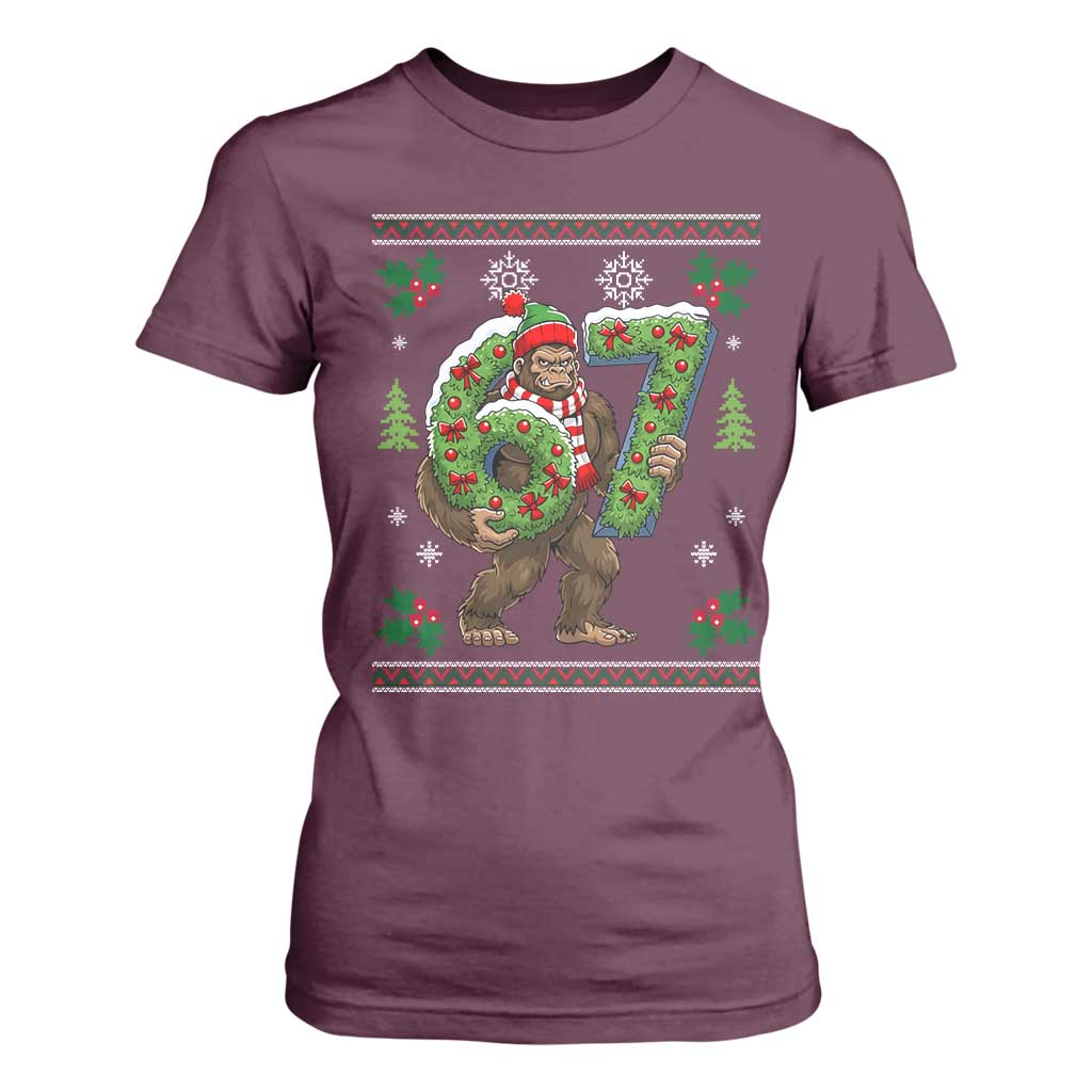 67 Meme Christmas Bigfoot T Shirt For Women Funny Six Seven Wreath Sasquatch Holiday Gag Gift TS02 Maroon Print Your Wear
