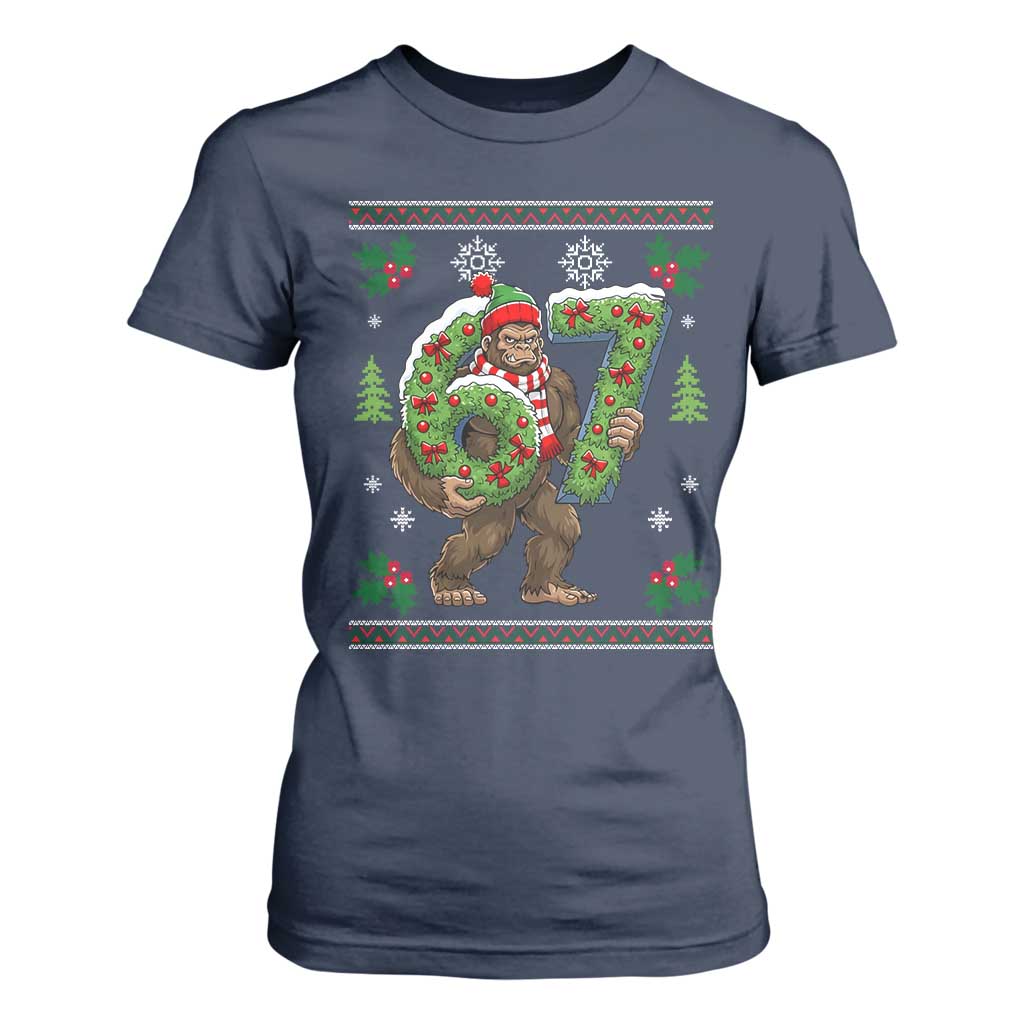67 Meme Christmas Bigfoot T Shirt For Women Funny Six Seven Wreath Sasquatch Holiday Gag Gift TS02 Navy Print Your Wear