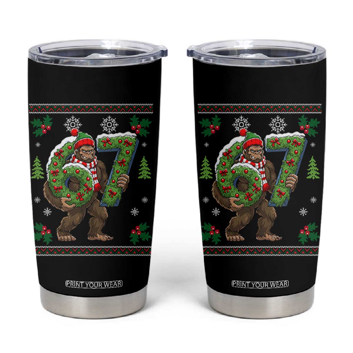 67 Meme Christmas Bigfoot Tumbler Cup Funny Six Seven Wreath Sasquatch Holiday Gag Gift TS02 Black Print Your Wear