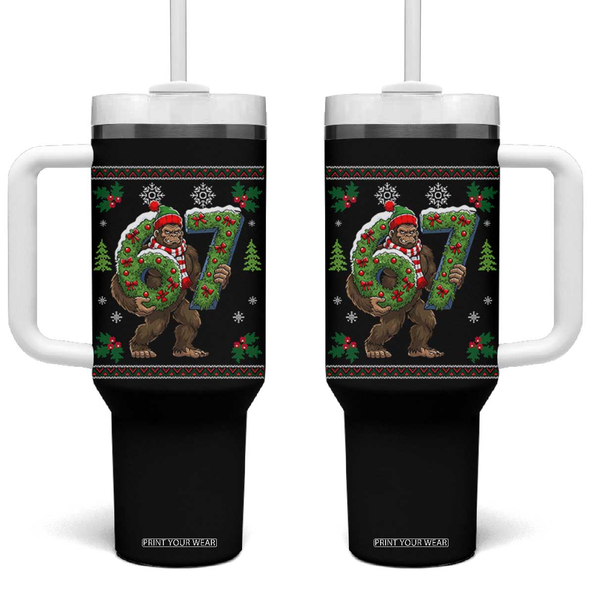 67 Meme Christmas Bigfoot Tumbler With Handle Funny Six Seven Wreath Sasquatch Holiday Gag Gift TS02 One Size: 40 oz Black Print Your Wear