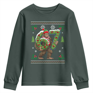 67 Meme Christmas Bigfoot Youth Sweatshirt Funny Six Seven Wreath Sasquatch Holiday Gag Gift TS02 Dark Forest Green Print Your Wear