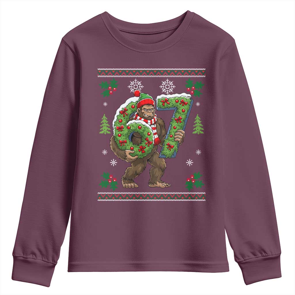 67 Meme Christmas Bigfoot Youth Sweatshirt Funny Six Seven Wreath Sasquatch Holiday Gag Gift TS02 Maroon Print Your Wear