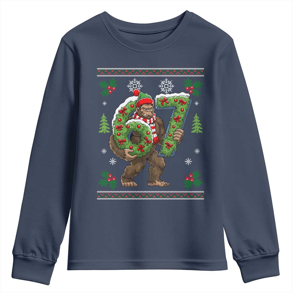 67 Meme Christmas Bigfoot Youth Sweatshirt Funny Six Seven Wreath Sasquatch Holiday Gag Gift TS02 Navy Print Your Wear