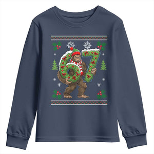 67 Meme Christmas Bigfoot Youth Sweatshirt Funny Six Seven Wreath Sasquatch Holiday Gag Gift TS02 Navy Print Your Wear